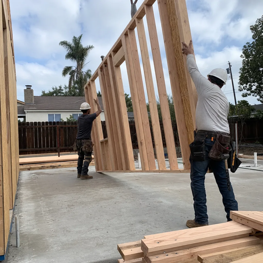Two construction workers raising a wooden wall frame for an ADU build
