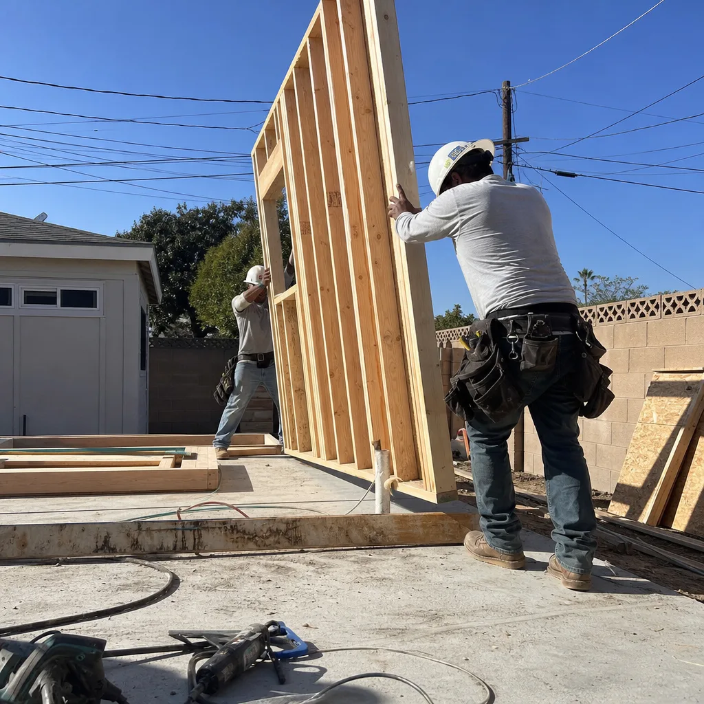 Two construction workers building an accessory dwelling unit wall frame