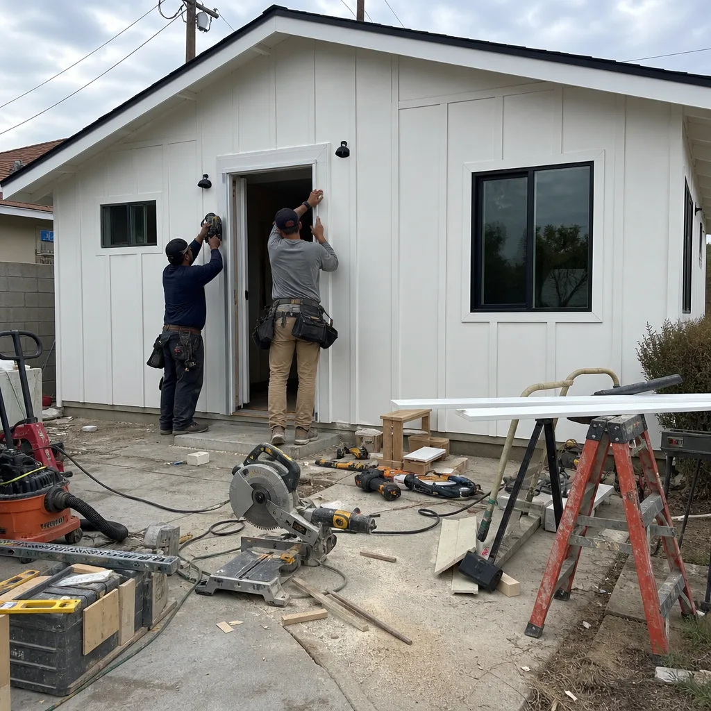 Contractors installing door frame on modern white ADU exterior
