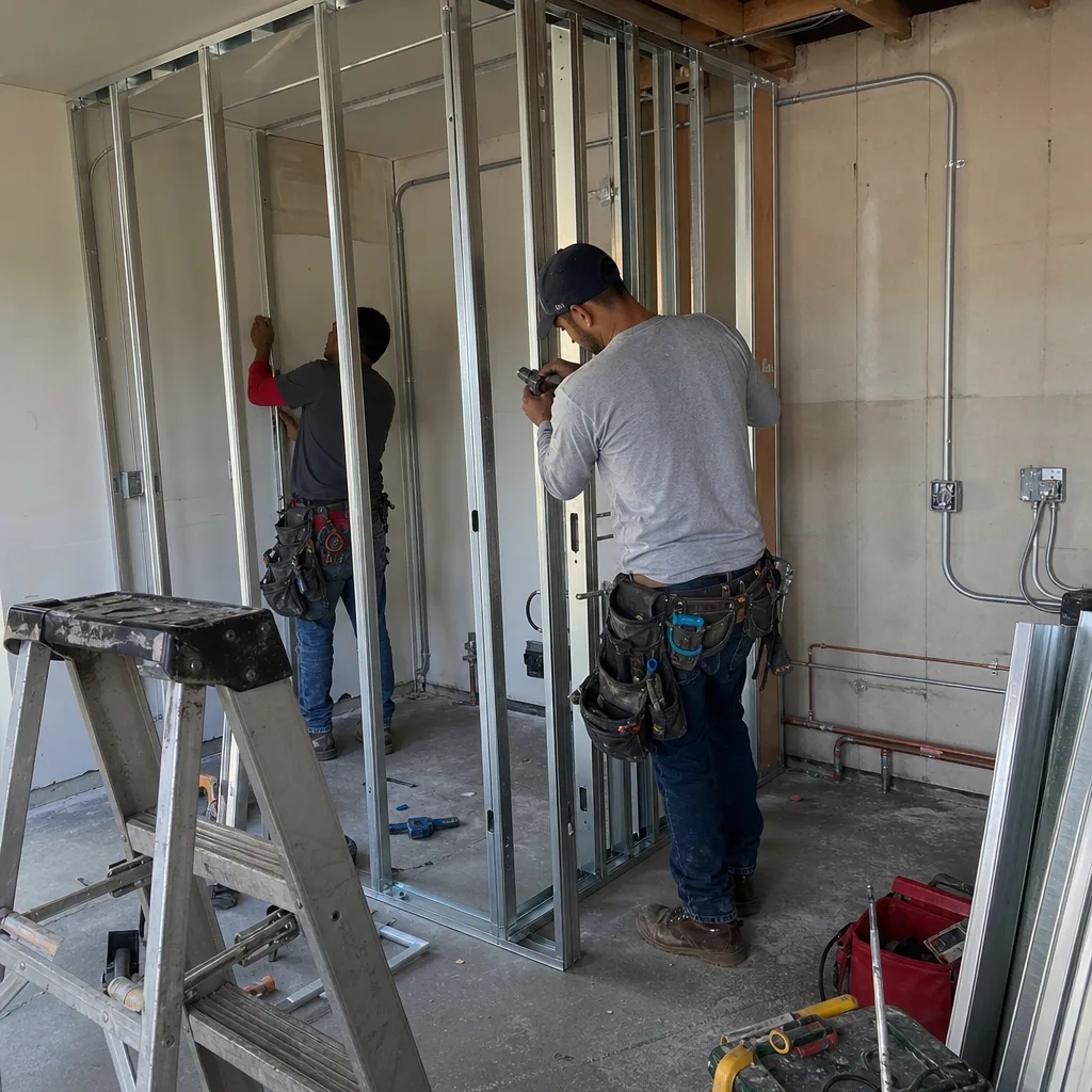 Contractors installing metal wall studs for a garage conversion project