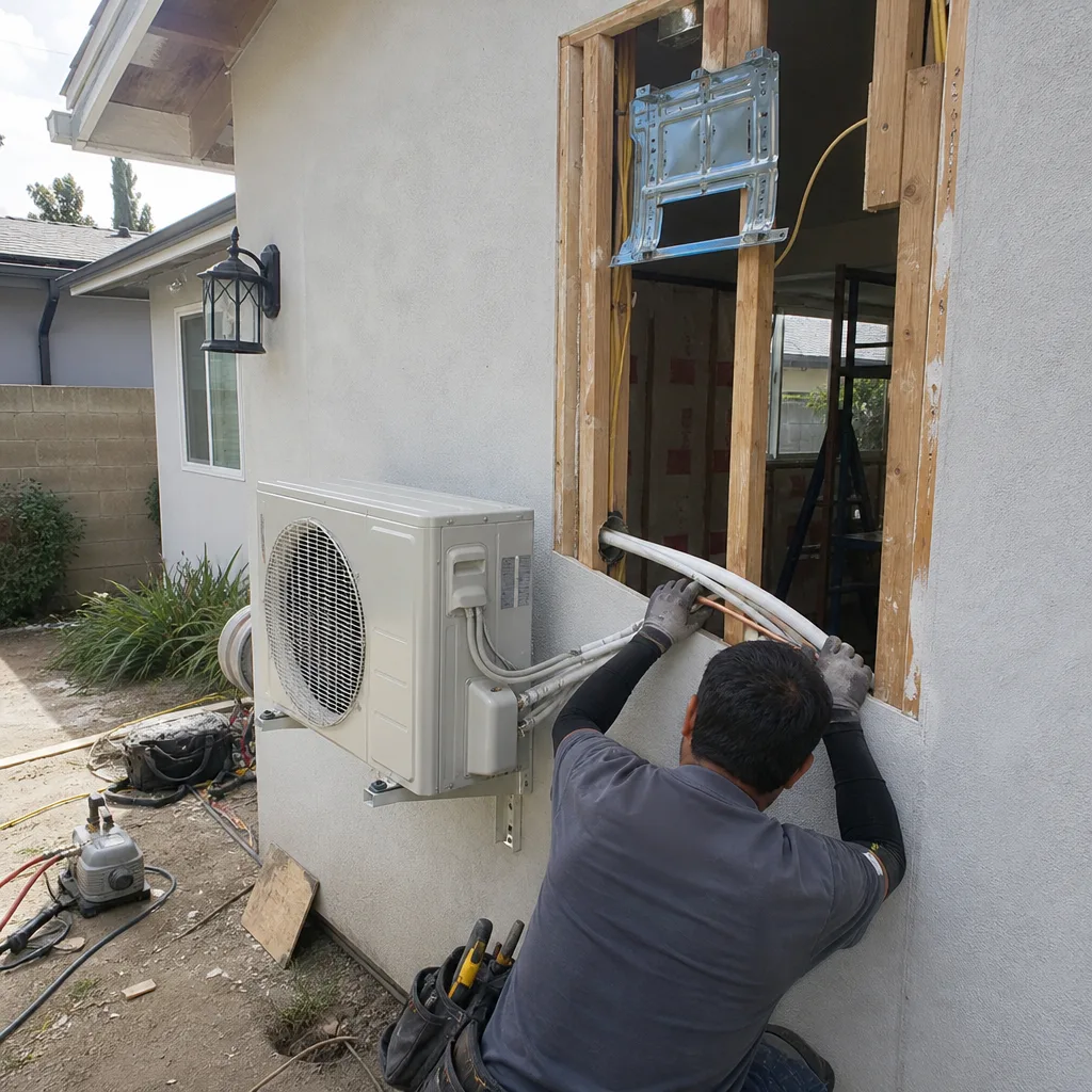 Contractor installing HVAC lines during a garage conversion construction project