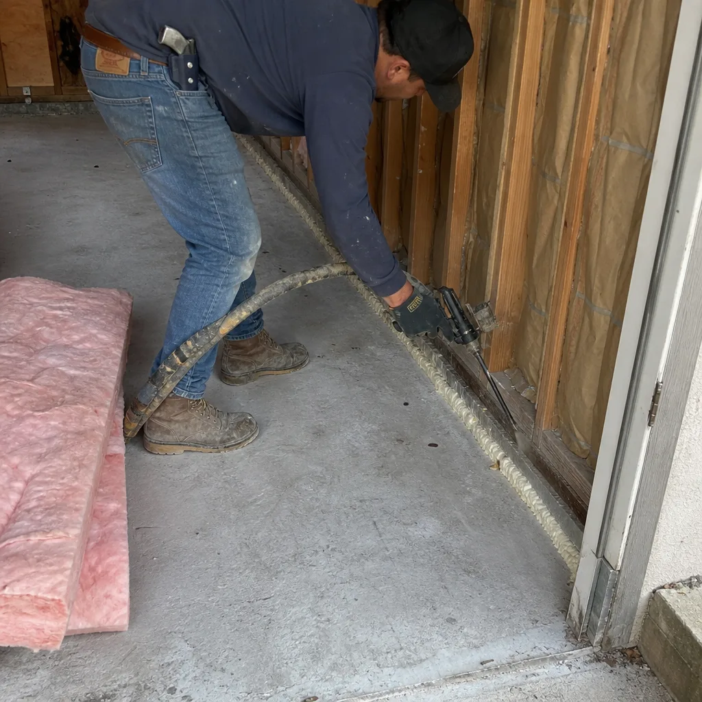 Contractor sealing garage wall base plate with foam for home conversion