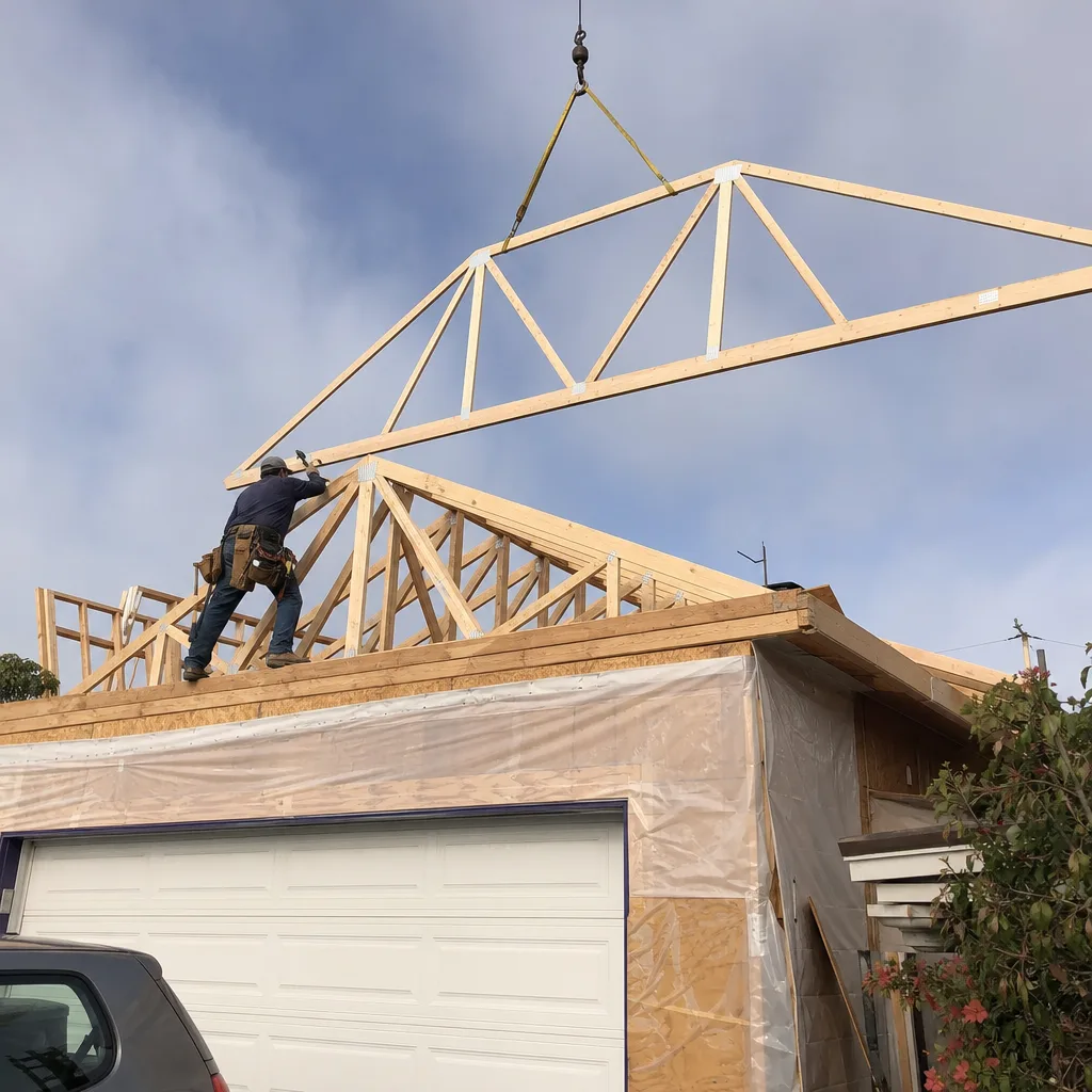 Contractor installing roof trusses for a residential home addition project