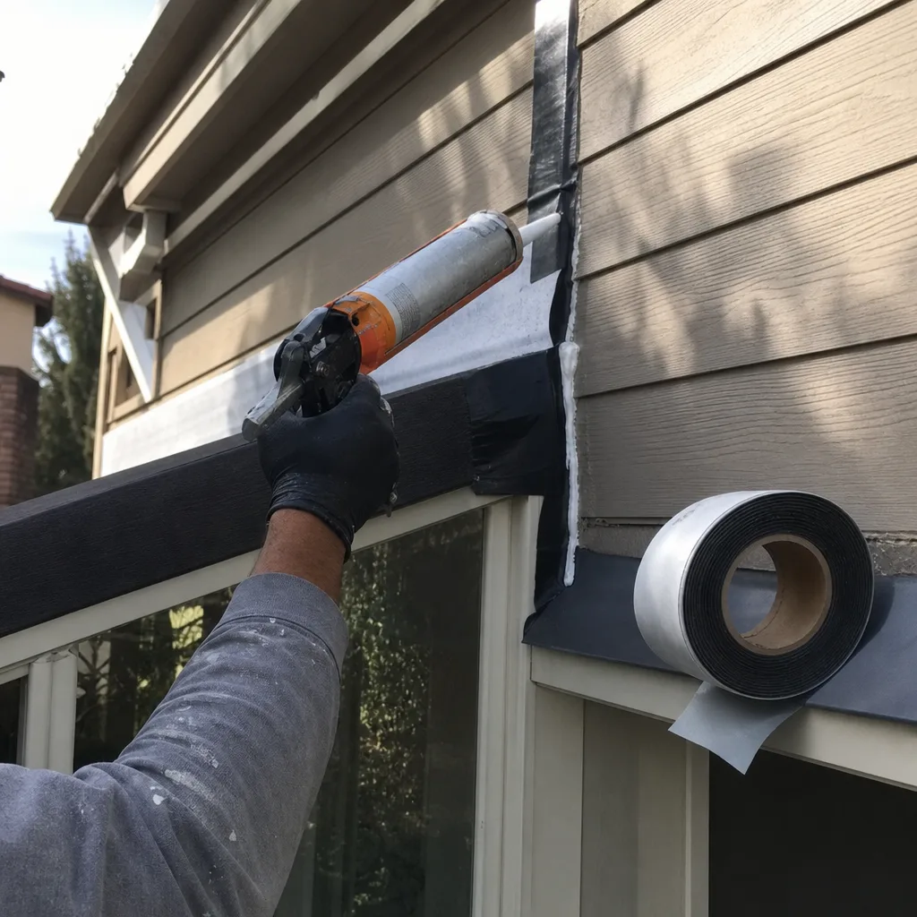 Contractor applying sealant to a residential home addition project