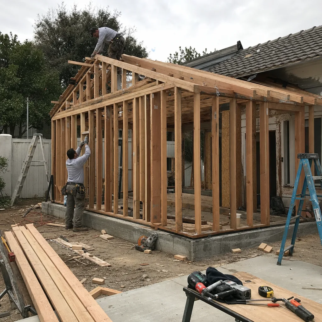 Professional contractors framing a new home addition structure