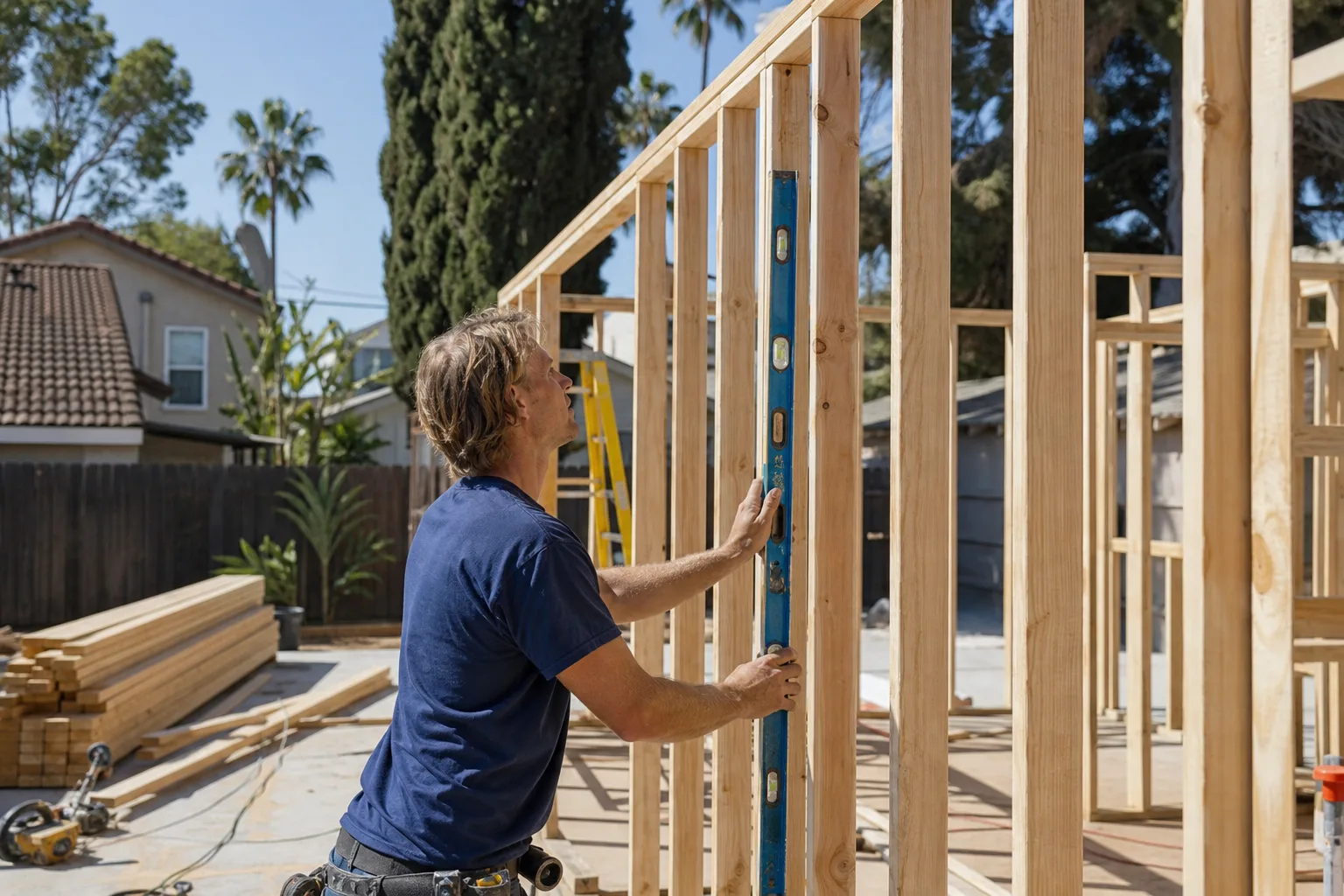 A framer checking new wall framing on a home addition